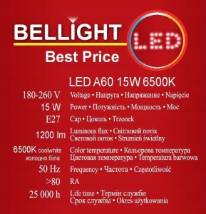 ŻARÓWKA LED A60 15W 6500K E27 BELLIGHT 1200lm